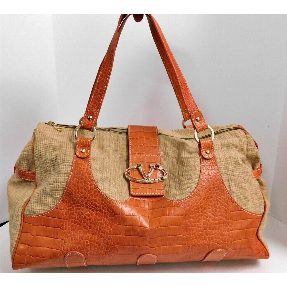 Valentino Garavani Raffia Leather Jeweled Tiger Eye V Buckle Duffle Bag